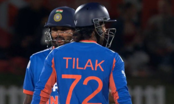 Tilak Varma and Nitish Kumar Reddy celebrate India's victory over New Zealand in the 2nd T20I at Hagley Oval