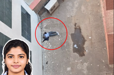 Top-angle view of the Poornima University ground where the student fell, with an inset photograph of Yashasvi Rohilla