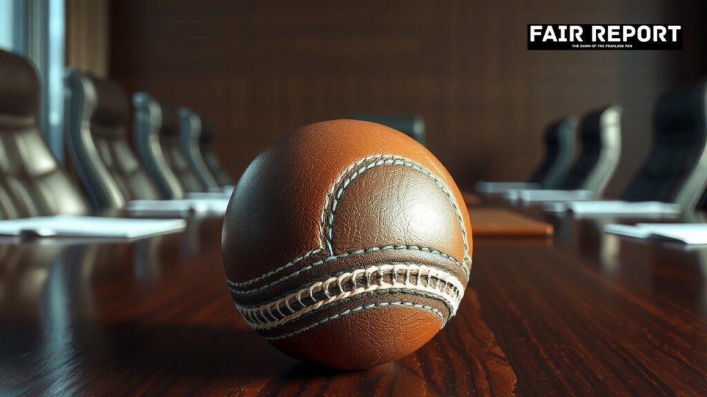 A cricket ball rests on an executive boardroom table ahead of a postponed BCCI IPL meeting.