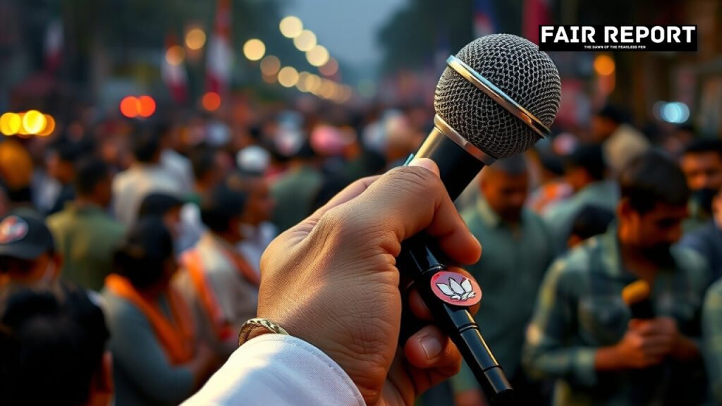 Close-up of a Congress organizer’s hand with microphone at Delhi rally preparation