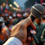 Close-up of a Congress organizer’s hand with microphone at Delhi rally preparation