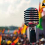 A close-up of a microphone at a political rally in Chennai, highlighting the tension as DMK slams TVK.