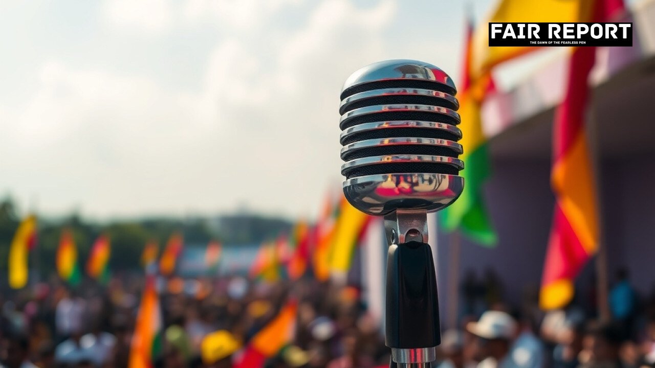 A close-up of a microphone at a political rally in Chennai, highlighting the tension as DMK slams TVK.