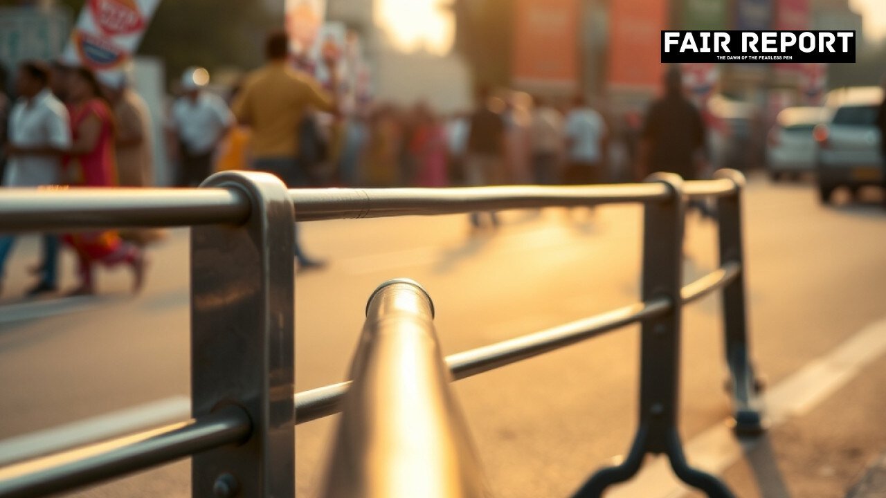 Steel street barricade set up during security measures around ECI protests