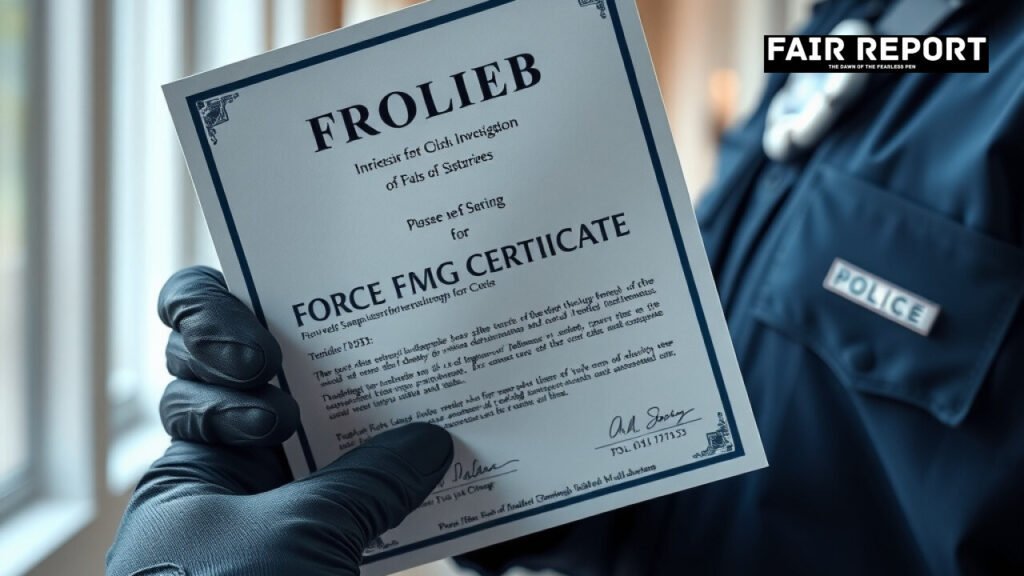 Close-up of a fake FMG certificate held by police during the Rajasthan arrest operation