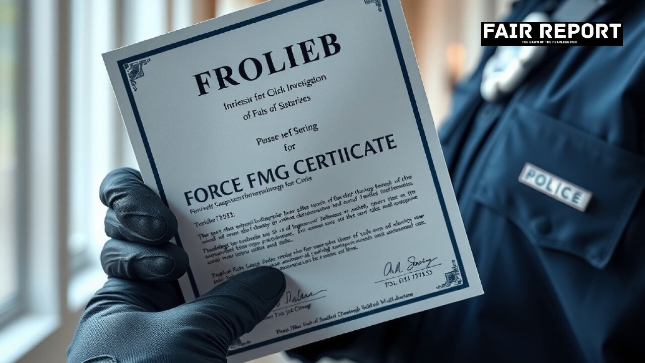Close-up of a fake FMG certificate held by police during the Rajasthan arrest operation