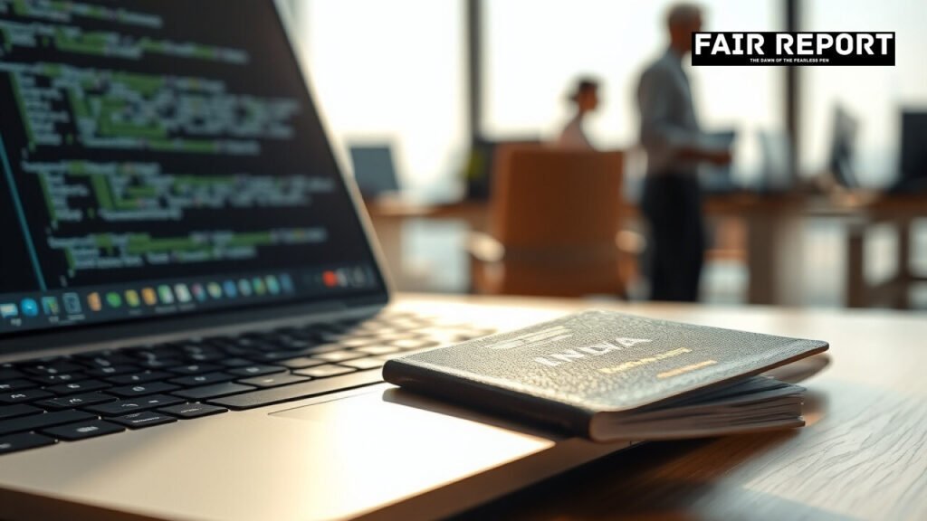 Indian passport and modern laptop on an office desk symbolizing the H-1B visa crackdown and tech mobility