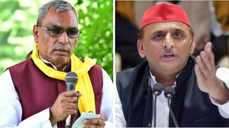 Om Prakash Rajbhar and Akhilesh Yadav discussing political alliance during UP MLC poll results