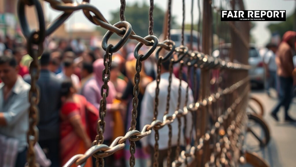A steel barricade on a New Delhi street during the INDIA bloc protest.
