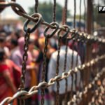 A steel barricade on a New Delhi street during the INDIA bloc protest.