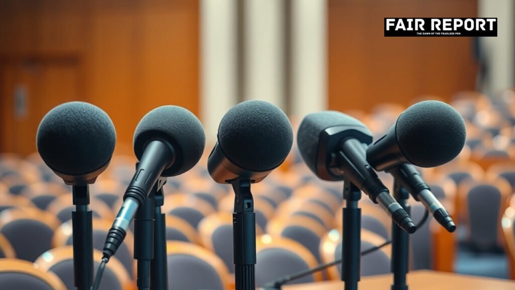 Microphones set up at a podium for a political press conference announcing the INDIA bloc rally