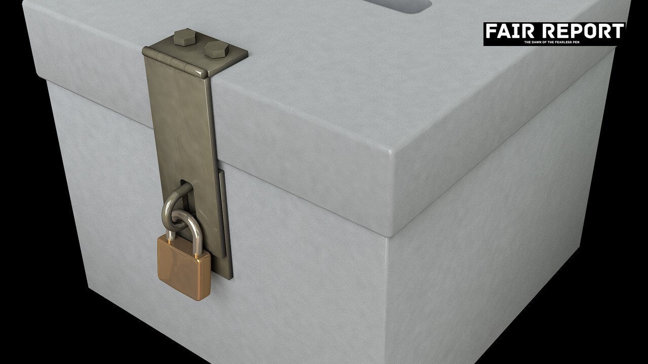 A sealed ballot box inside a polling room representing the electoral debate over whether the INDIA bloc rejected by voters.
