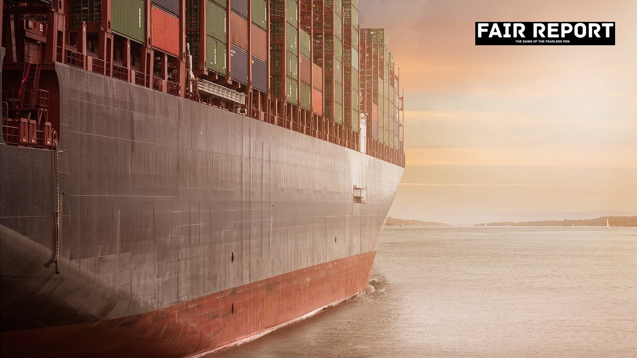 Shipping containers stacked at a port, representing India-China trade flows and logistics.