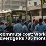 Photo showing Indian commute cost with workers boarding a bus on a busy street