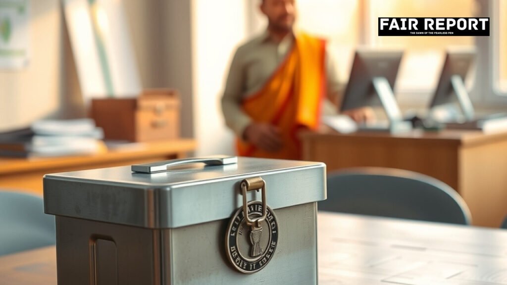 A sealed ballot box prepared for the Andhra local body polls inside a government facility.