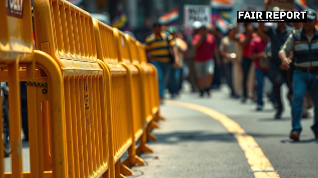 Police barricades placed on an urban road during demonstrations over the JNU sexual harassment case.