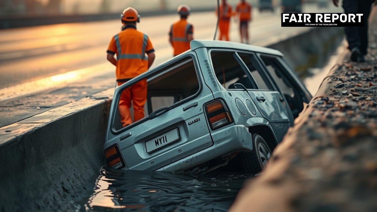 Scene of the Kota bus accident with a mini‑traveller in a drain and rescue workers