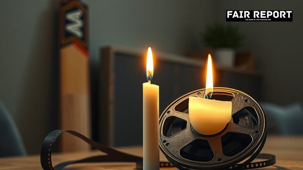 Candle and film reel symbolising Nana Patekar tribute with cricket bat in background