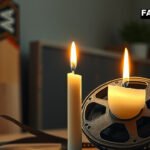 Candle and film reel symbolising Nana Patekar tribute with cricket bat in background