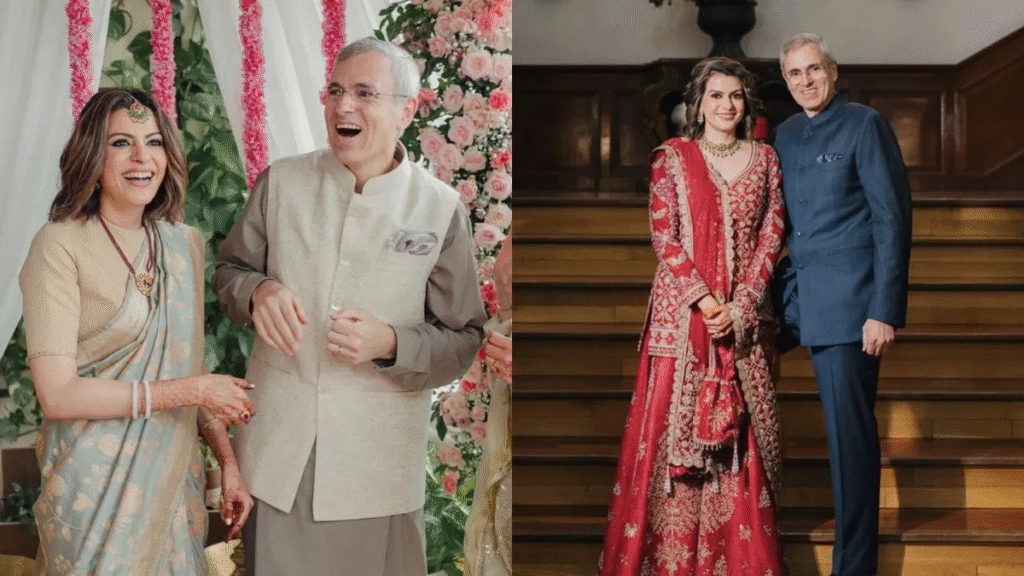 Jammu and Kashmir CM Omar Abdullah in ethnic attire posing alongside journalist Nidhi Razdan in traditional wedding clothing.