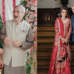 Jammu and Kashmir CM Omar Abdullah in ethnic attire posing alongside journalist Nidhi Razdan in traditional wedding clothing.