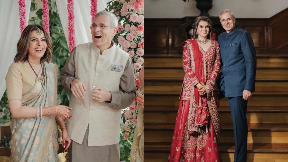 Jammu and Kashmir CM Omar Abdullah in ethnic attire posing alongside journalist Nidhi Razdan in traditional wedding clothing.