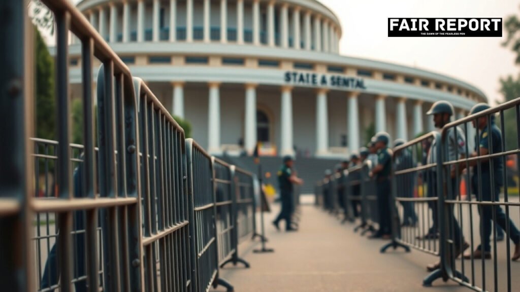Heavy barricades positioned outside the complex during a Punjab assembly protest.