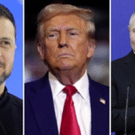 Headshots of Ukrainian President Volodymyr Zelenskyy, U.S. President Donald Trump, and Russian President Vladimir Putin displayed side by side