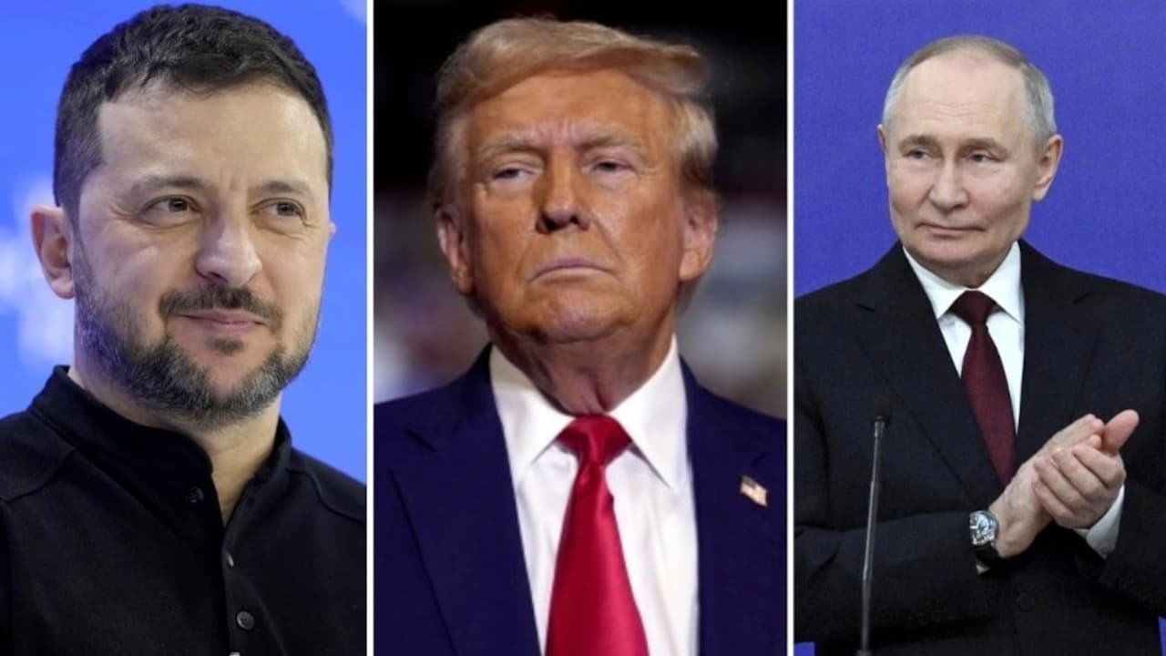 Headshots of Ukrainian President Volodymyr Zelenskyy, U.S. President Donald Trump, and Russian President Vladimir Putin displayed side by side