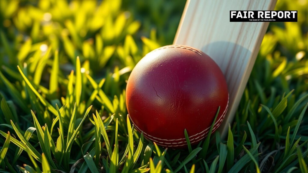 Cricket bat and red leather ball on a grass pitch representing the aggressive batting approach of Vaibhav Suryavanshi