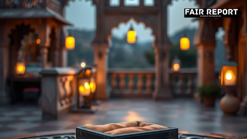 Velvet ring box on an Udaipur palace terrace representing the Vijay Deverakonda proposal